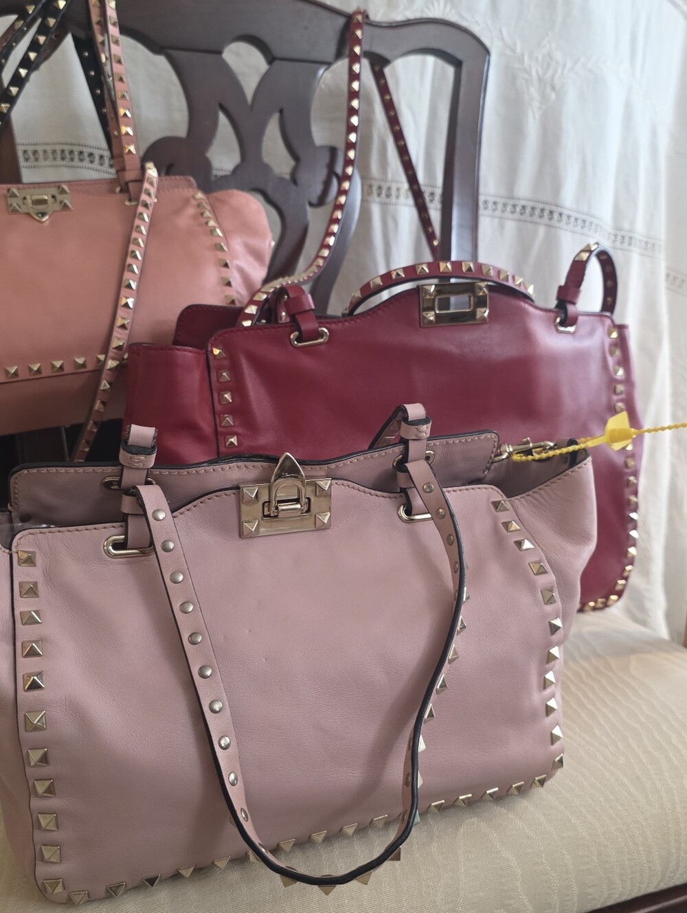 Valentino Garavani Rockstud Red Leather Bag Gold Stud Trim Handbag Tote - Picture 9 of 16